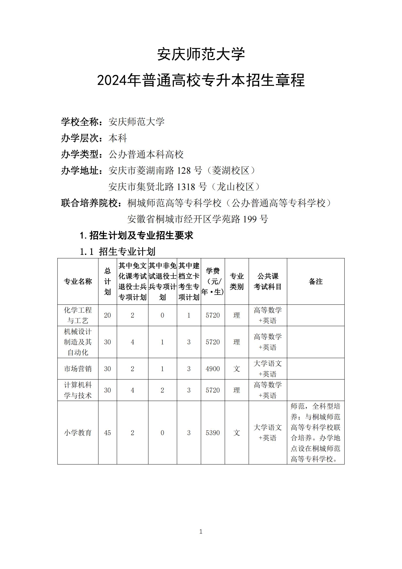 2024年安庆师范大学专升本招生简章